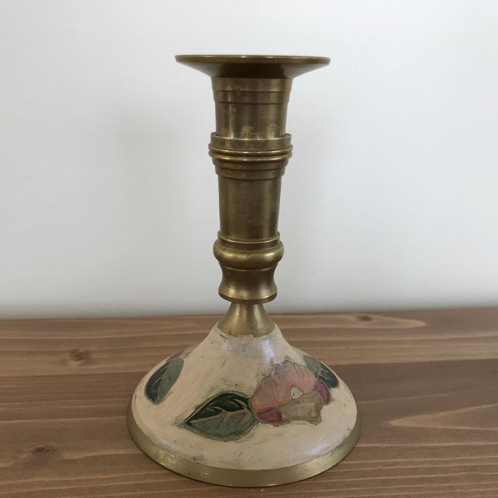 Brass Cloisonne Style Enamel Painted Floral Candlestick 5" Candle Holder